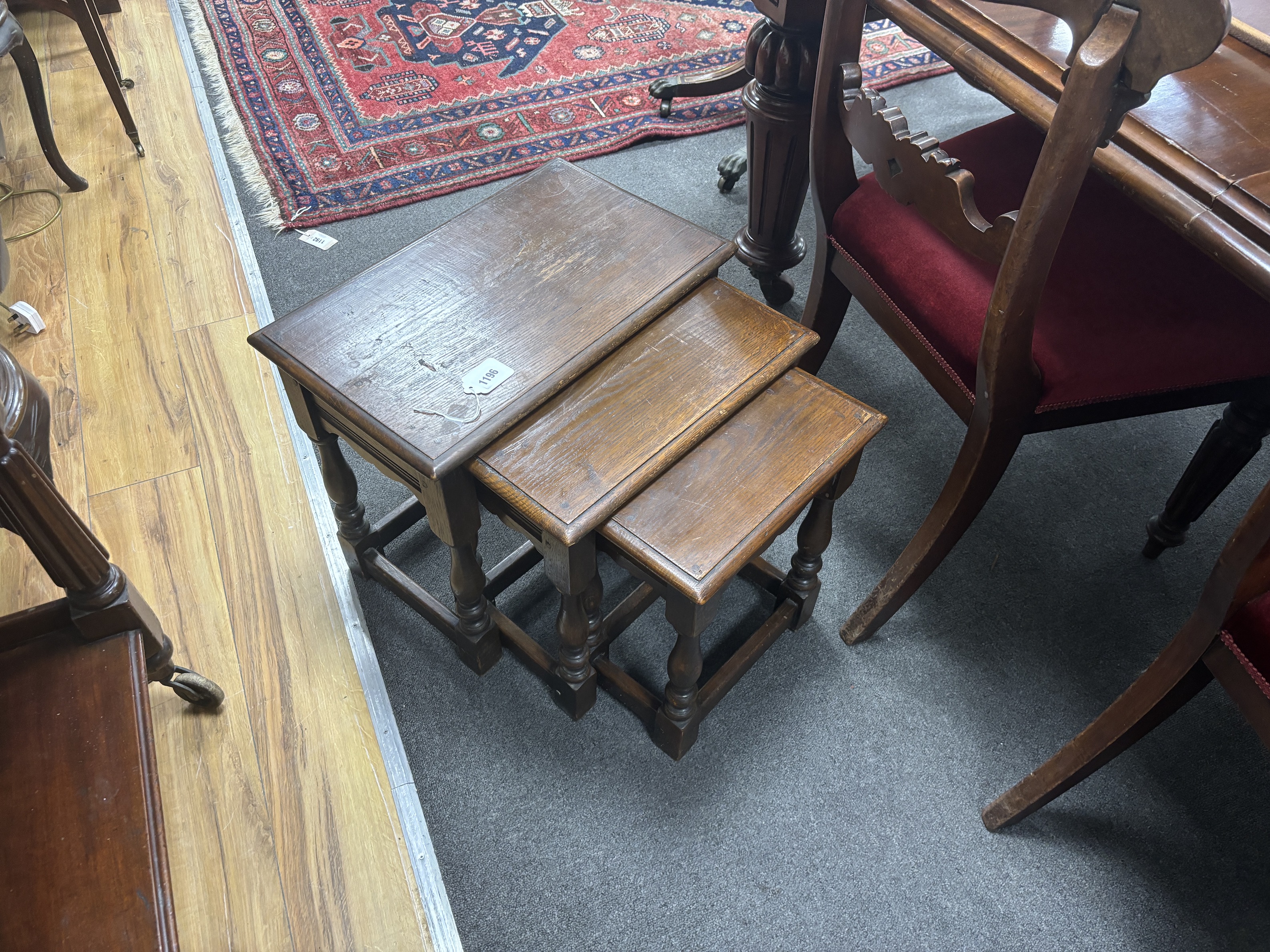 A nest of three 18th century style rectangular oak tea tables stamped CC41, utility furniture, width 49cm, depth 31cm, height 44cm